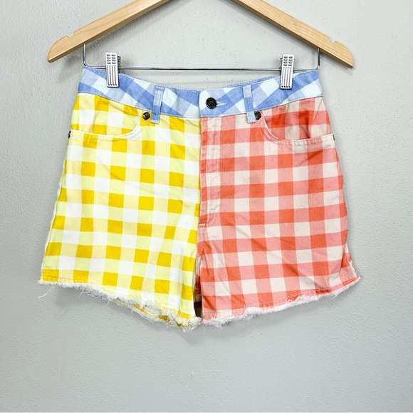 Farm Rio Gingham High Rise Shorts Size Small Red Blue Yellow Denim Cut Off - Picture 3 of 12